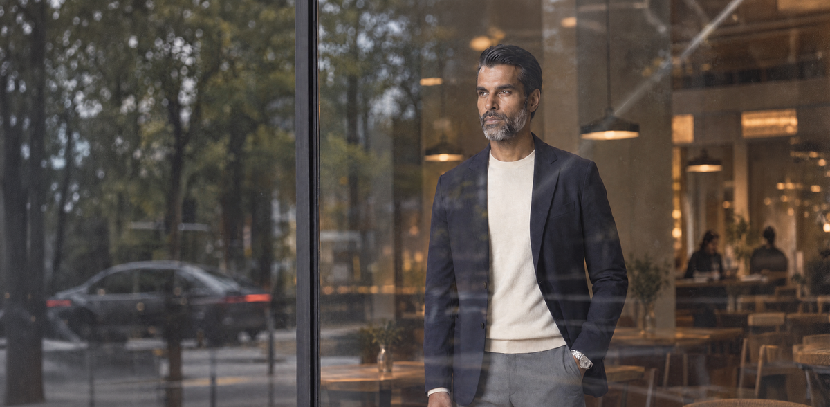 Man in the Love Pangolin Midnight Transit Blazer at a café window