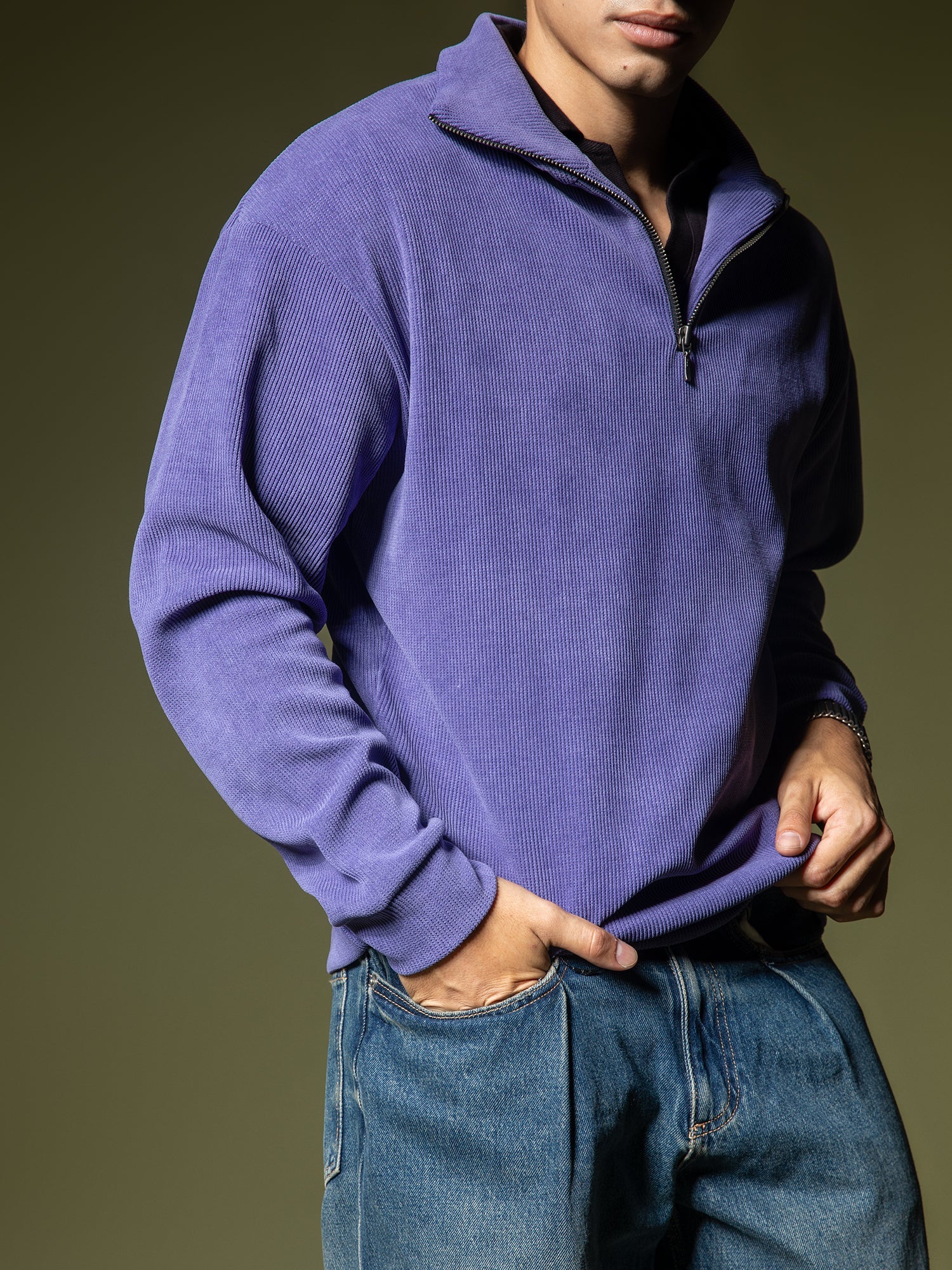 Buy Men's Lilac Ribbed Quarter Zip Textured Sweatshirt Online
